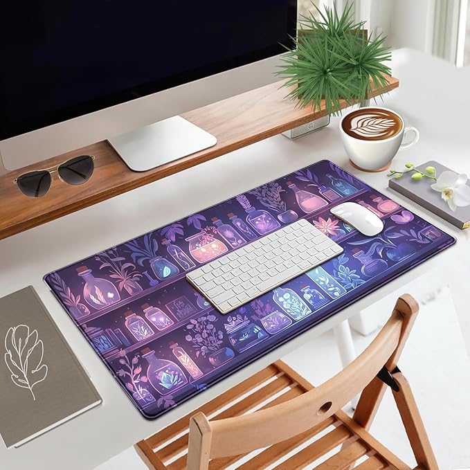 Witchy Purple Pink Blue Glowing Herbs Desk Mat,Enchanted Botanical Plants Shelf Large Mouse Pad- XL Mystical Desk Pad for Gaming, Office, Dorm-Fantasy Aesthetic Gift- Magic Home Decor 31.5" x 15.7"