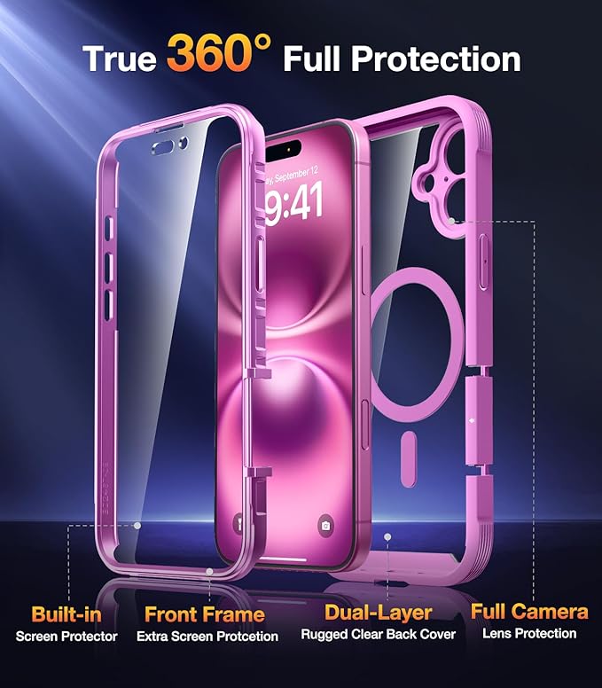 Diaclara Magnetic Designed for iPhone 16 Case, Compatible with MagSafe Built-in Touch Sensitive Anti-Scratch Screen Protector, Upgraded [Full Camera Protection] for iPhone 16 6.1" (Pink)