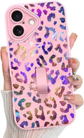 KANGHAR Compatible with iPhone 16 Case, Support for MagSafe, Silicone Cute Iridescent Leopard Cheetah Pattern, Wristband Kickstand Shockproof Protective Slim Cover for Women Girls, Pink