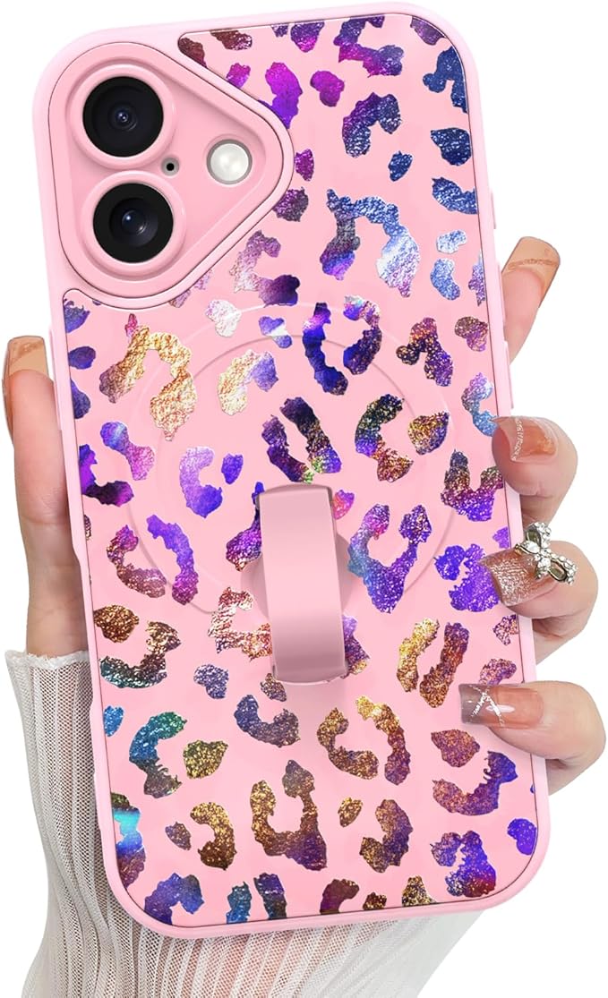 KANGHAR Compatible with iPhone 16 Case, Support for MagSafe, Silicone Cute Iridescent Leopard Cheetah Pattern, Wristband Kickstand Shockproof Protective Slim Cover for Women Girls, Pink