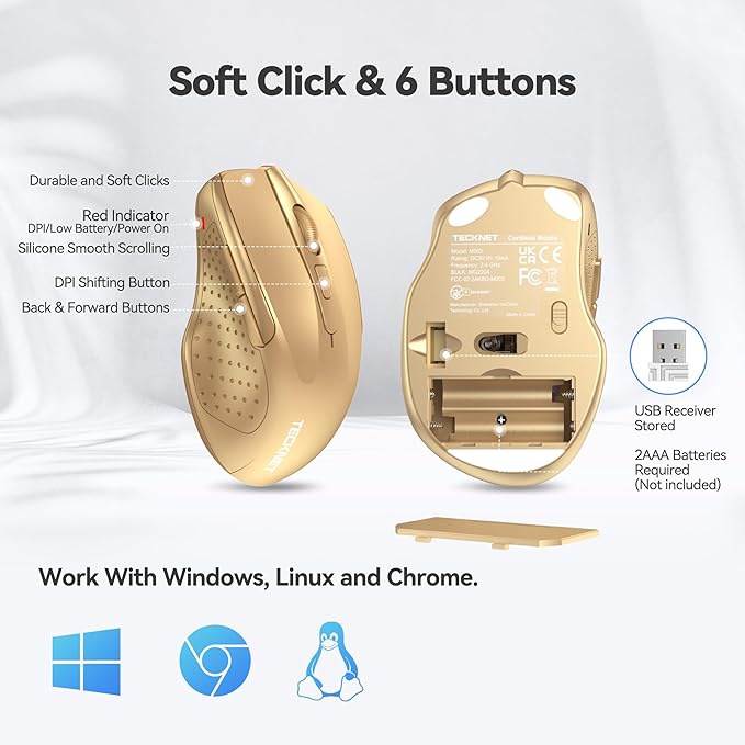 TECKNET Wireless Mouse, 2.4G Ergonomic Optical Mouse, Computer Mouse for Laptop, PC, Computer, Chromebook, Notebook, 6 Buttons, 24 Months Battery Life, 2600 DPI, 5 Adjustment Levels - Gold