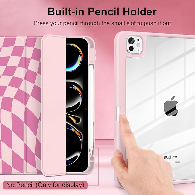 TWOLSKOO Case for iPad Pro 11-inch (M5 2025 / M4 2024), Clear Acrylic Back with TPU Bumper, Pencil Holder, Trifold Stand, Auto Sleep/Wake, Pink Wavy Checker