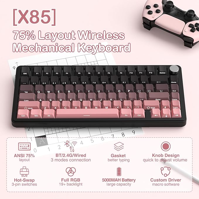 ATTACK SHARK X85 Wireless Mechanical Gaming Keyboard with Knob,Hot Swap,BT/2.4GHz/USB-C,Side Print PBT Keycaps,Gasket,RGB,Coiled Cable,Linear White Jade Switch for Win/PC/MAC