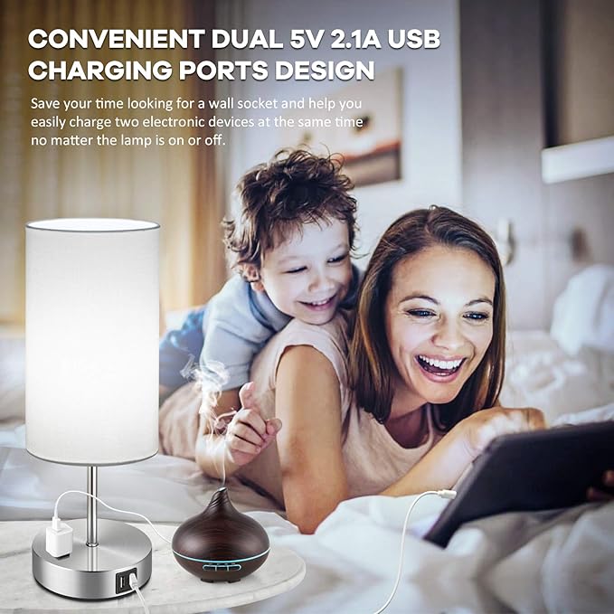 Set of 2 Touch Control Table Lamps with 2 USB Charging Ports&AC Outlet, 3-Way Dimmable Bedside Nightstand Lamps with White Fabric Lampshade for Reading, Bedroom, Living Room, A19 LED Bulbs Included