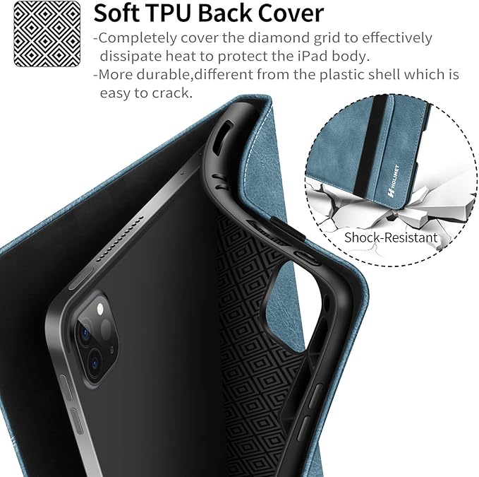 H HOLIMET Case for iPad Pro 11 inch 2022 4th/3rd/2nd/1st Generation 2021/2020/2018 with Pencil Holder PU Leather Protective with Pocket Strap Soft TPU Back Shockproof