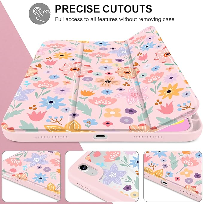 Case for iPad Air 11 inch M4 2026 M3 2025 M2 2024 Release with Pencil Holder Cute Patterns Trifold Cover with Clear Back Shell Magnetic Wake Sleep Design for Girls Women,Pink Flowers