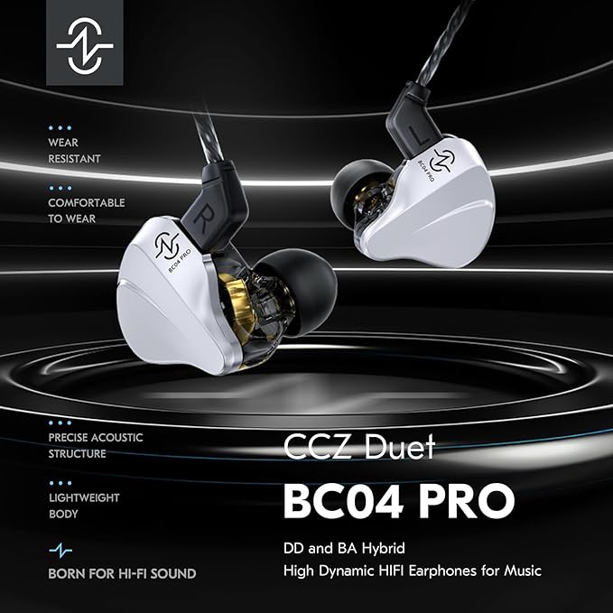 CCZ BC04 PRO in Ear Monitor Headphone, IEM for Gaming, Heavy Deep Bass Wired Earbuds in Ear Headphones,1BA 1DD Noise Cancelling Ear Buds with 5N OFC Cable for Singer Musician (Without mic, Silver)