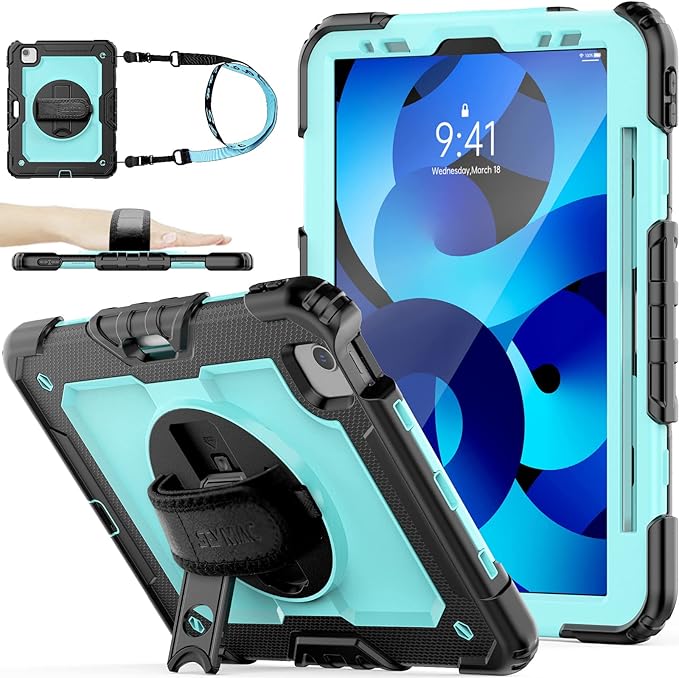 SEYMAC stock Case for iPad Air 5th/4th Generation/Pro 11 (4th/3rd/2nd) with Screen Protector Pen Holder, 360° Rotate Hand Strap/Stand Case for iPad Air 5th/4th Gen 10.9''/ Pro 11'' (Brightblue+Black)