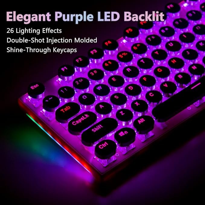 HUO JI Mechanical Gaming Keyboard Typewriter Style with RGB Side Lit and Purple LED Backlit, Retro Style, Blue Switches - Clicky, Metal Panel, Lipstick 104 Keys USB Wired for Mac, PC, Cute Pink