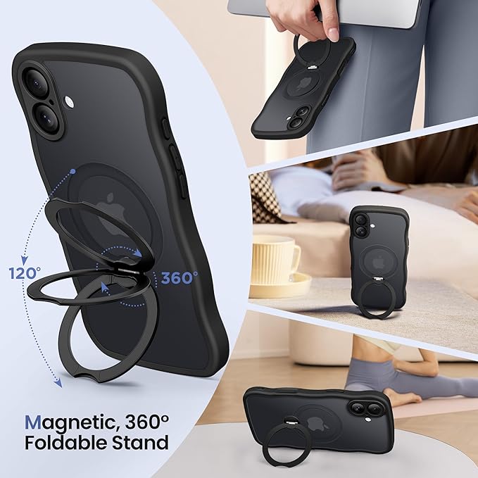 CAPRARO for iPhone 16 Case with 360° Spin Magnetic Stand for Women, [Compatible with MagSafe] [Full Camera Protection] Cute Wave Translucent Matte Case for iPhone 16, Black