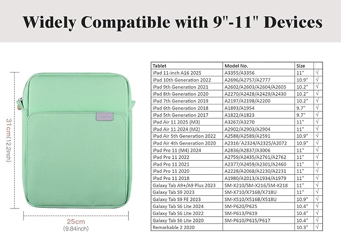 TiMOVO 9-11 Inch Tablet Sleeve Bag with Shoulder Strap for iPad 11-inch A16 2025, iPad 10th Gen. 10.9"/10.2", Galaxy Tab A9+/A11Plus 11", Bodhi Green