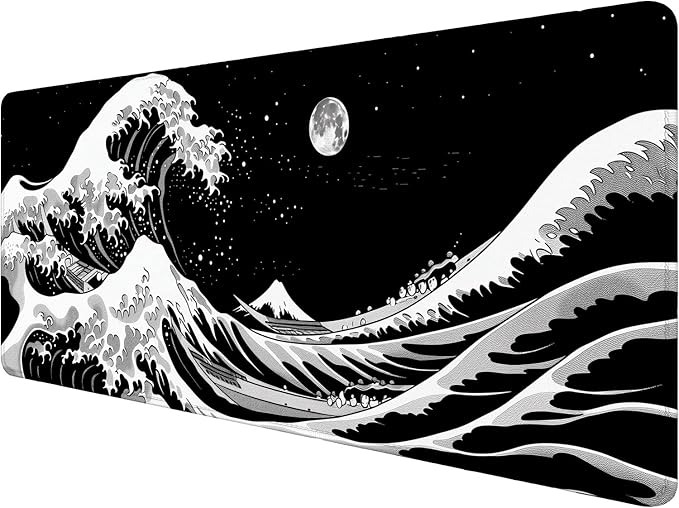 Japanese Sea Wave Anime Desk Mat Black and White Kanagawa XL Mouse Pad Large Mousepad Extended Laptop Keyboard Mat Gaming Desk Pad Mouse Mat 31.5"x11.8" Office Computer Keyboard Laptop Home