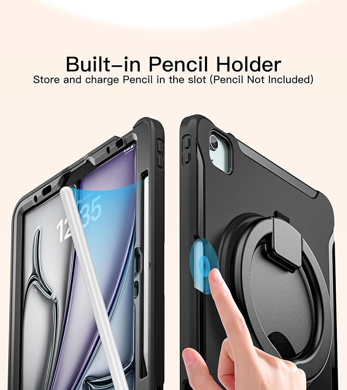 BATYUE Shockproof Case for iPad Air 11" M2/M3/M4, Air 4/5 10.9", iPad Pro 11" 1st-4th Gen 2018-2022 | 360° Multi-Angle Stand (Portrait & Landscape) & Grip, Built-in Pencil Holder, Black