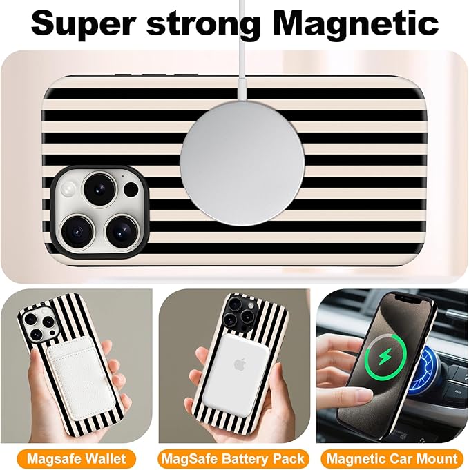 Magnetic for iPhone 17 Case Cute Stripes Phone Case, Shockproof Slim TPU and Hard PC Protective Phone Cover Compatible with MagSafe Designed for Women Girls, Black and White