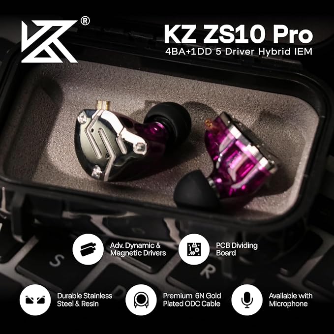 Linsoul KZ ZS10 Pro, 4BA+1DD 5 Driver in Ear Monitor, HiFi Wired Earbuds, Gaming Earbuds, Hybrid IEM Earphones with Stainless Steel Faceplate, Detachable Cable for Musician (with Mic, Purple)