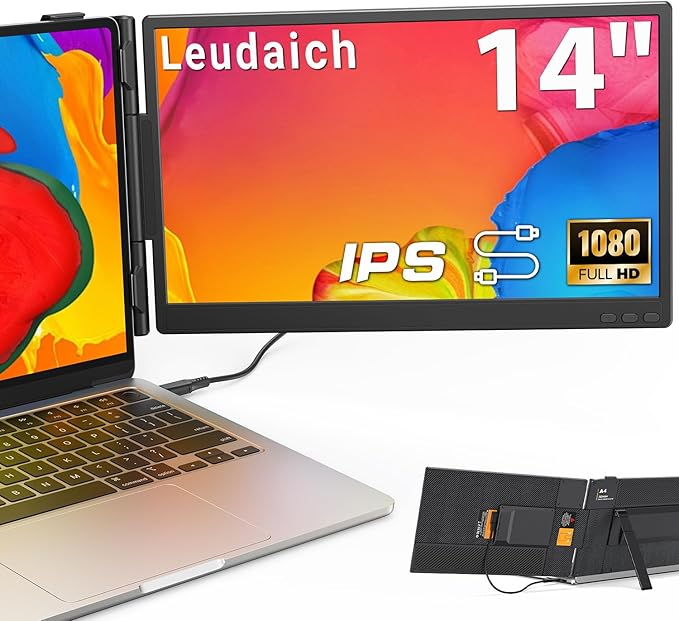 Leudaich 14'' Laptop Dual Screen Extender, 1080P FHD IPS Portable Monitor with Speaker, Ultra-Slim Travel Monitor for 13''-16'' Laptops, Compatible with MacOS, Windows, Android
