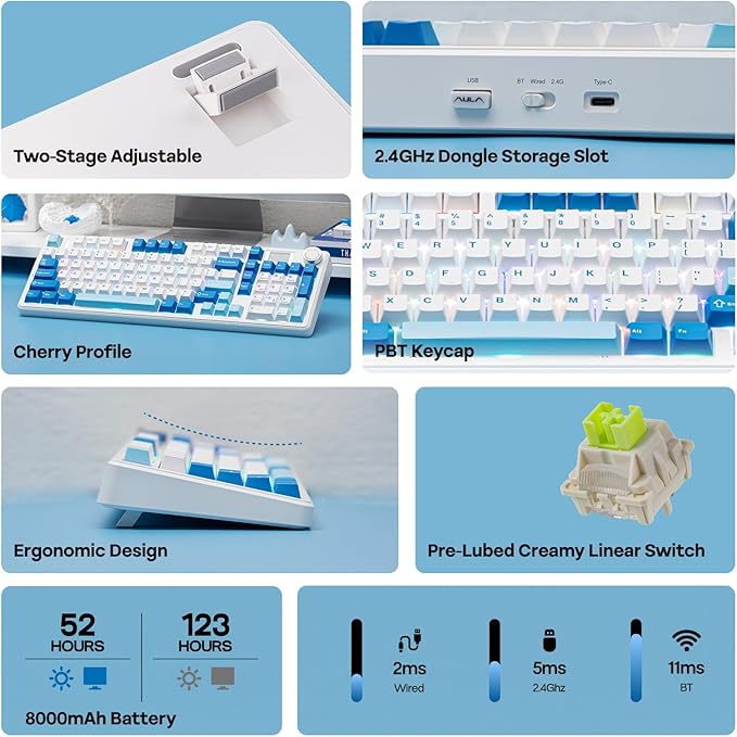 EPOMAKER Aula F99 MAX Wireless Mechanical Keyboard, Smart Screen & Knob, 8000mAh, 2.4Ghz/BT Creamy Keyboard, Pre-Lubed Switch, Hot-Swappable, RGB Backlit, Custom Software (Blue)
