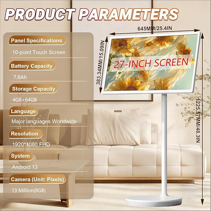 Portable Smart 27/32 in Full Hd Touchscreen Monitor, with Wheels and Remote Control, 5-6Hour Battery Life,Wireless/Wired Screen Mirroring, Rotating Display，4+64GB/8+128GB 27IN-4+64GB
