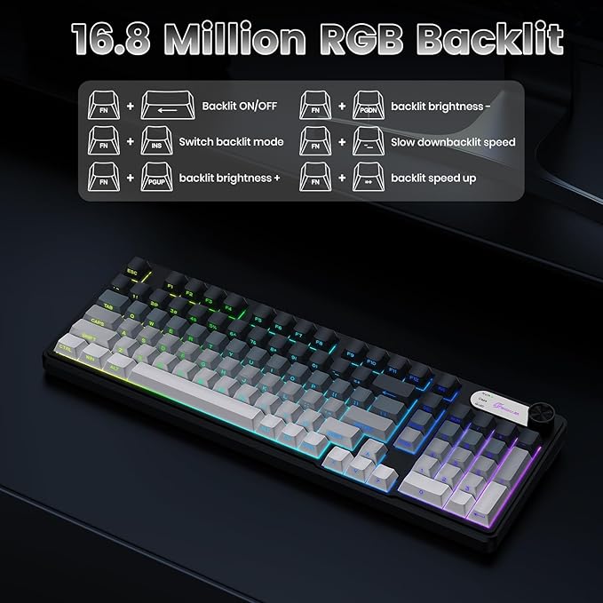 GEODMAER G98X Wireless Gaming Keyboard, Tri-Mode 2.4GHz/USB-C/BT5.0 Silent Gaming Keyboard with Number Pad & Knob, RGB Backlit, Side Printed PBT Keycaps Computer Keyboards for PC Mac Laptop Gamer