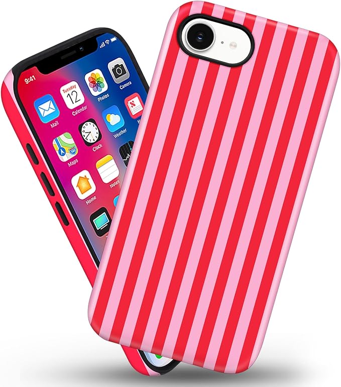 Magnetic for iPhone 17e Case Cute Stripes Phone Case, Shockproof Slim TPU and Hard PC Protective Phone Cover Compatible with MagSafe Designed for Women Girls, Red and Pink