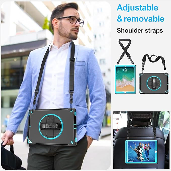 Case for iPad Pro 12.9 2nd Generation 2017& 2015 1st Generation, Heavy Duty Rugged TPU Protective Cover with Screen Protector- Stand + Handle Hand & Shoulder Strap + Pencil Holder- Mint Green