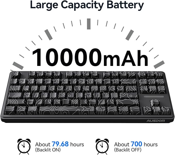 AUSDOM Wireless Mechanical Gaming Keyboard: 10000mAh Battery Tri-Mode 2.4G/BT5.3/USB-C Hot Swappable Custom Keyboard with RGB Backlit, Side Printed PBT Keycaps, 15-Layer Gasket Structure, Topographic