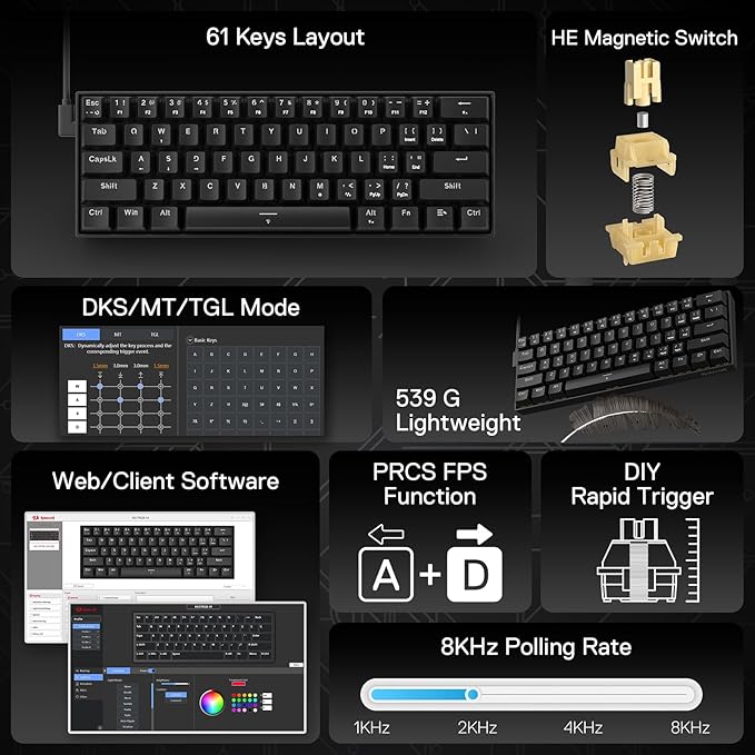 Redragon K617 HE Rapid Trigger Gaming Keyboard, 60% 61 Keys Wired Mechanical Keyboard w/Hyper-Fast Actuation, Dedicated Hall Effect Magnetic Switch, Actuation Point Adjustable, Essential Black