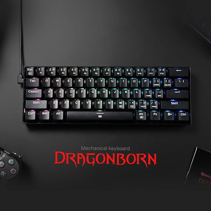 Redragon K630 Dragonborn 60% Wired RGB Gaming Keyboard, 61 Keys Compact Mechanical Keyboard with Linear Red Switch, Pro Driver Support, Black