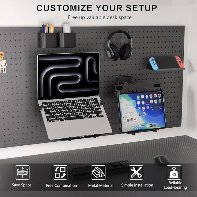 WALI Laptop Desk Mount for 15.6 inch Notebook, Adjustable Single Pegboard Mount with Laptop Holder, Laptops Stand with Ventilated Tray, Up to 11 Lbs, (PM00LP), Black