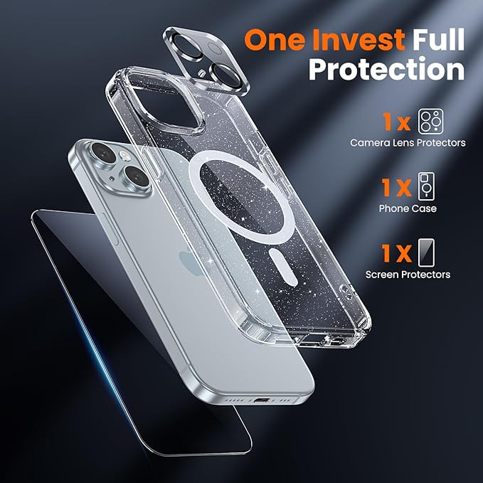 toushion 3 in 1 for iPhone 15 Plus Case Clear with MagSafe, Not Yellowing, Screen Protector*1 Camera Lens Protector*1, Military-Grade Protection for iPhone 15 Plus Phone Case 6.7 inch Clear Glitter