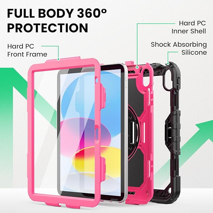 SEYMAC Case for iPad (A16) 11th/10th Generation 2025/2022 (11″/10.9″), Sturdy Heavy Duty Full-Body Shockproof Protective Case with Screen Protector, Rotating Stand, Hand/Shoulder Strap, Pink