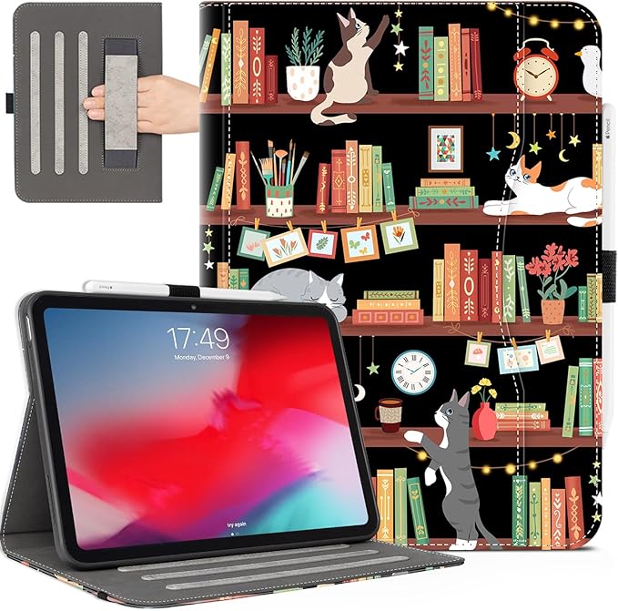 Case for iPad Air 13-inch (M4/M3/M2), iPad Pro 12.9 Case 6th/5th/4th/3rd Generation with Pencil Holder Multi-Angle Adjustable Stand Shockproof with Pocket/Hand Strap/Auto Wake Sleep, Bookshelf Cat