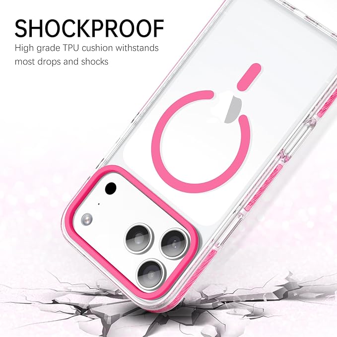 BENTOBEN Magnetic for iPhone 17 Pro 6.3" Case, Compatible with Magsafe Military Shockproof Protective Cute Transparent Slim Anti-Yellowing Phone Case for iPhone 17 Pro Cover, Clear Hot Pink