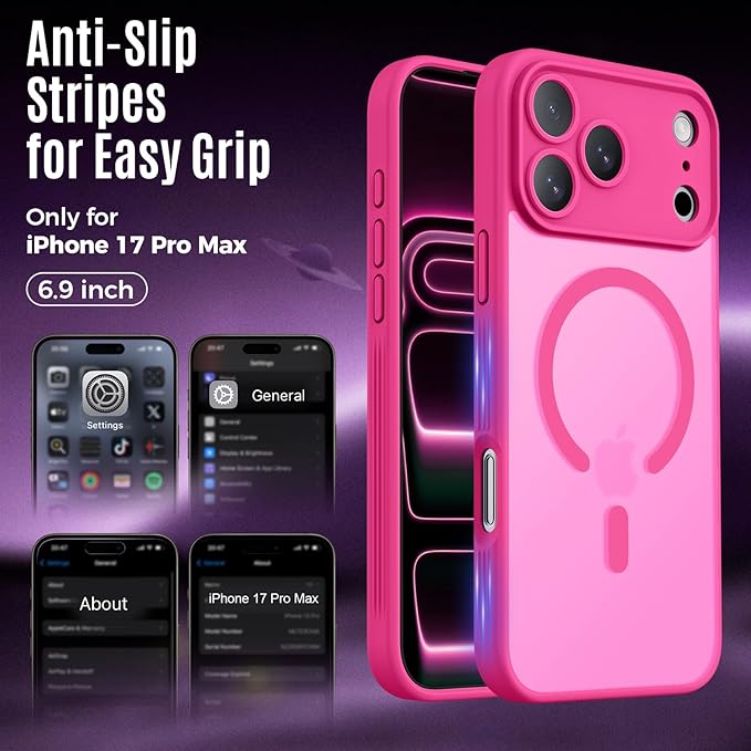 Symcele Designed for iPhone 17 Pro Max Case, Compatible with MagSafe, [Camera Protection] [15FT Military Drop Protection] Shockproof Translucent Matte Anti-Slip Phone Case, 6.9", Hot Pink