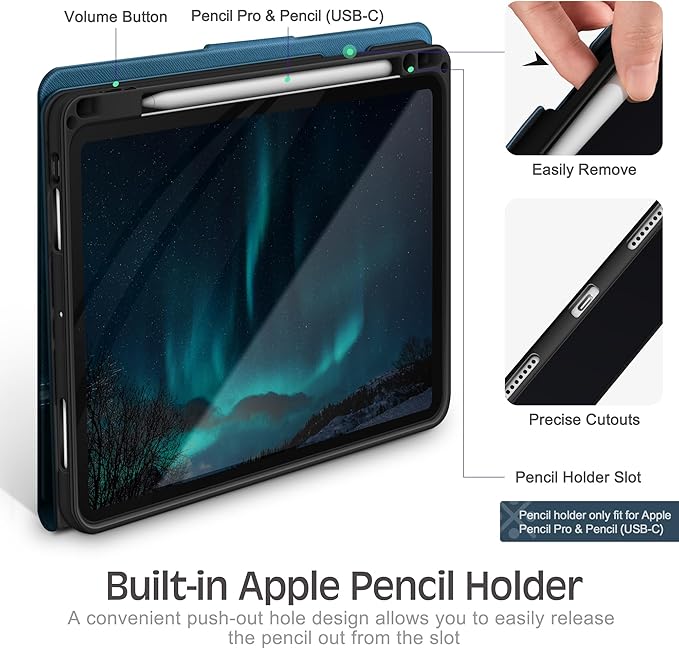 KingBlanc Case for iPad Pro 13-inch (M5 2025, M4 2024) with Pencil Holder, PU Leather Book-Style Cover, Auto Sleep/Wake, Pencil Pro & USB-C Compatible, Multi-Angle Stand for Viewing & Drawing, Blue