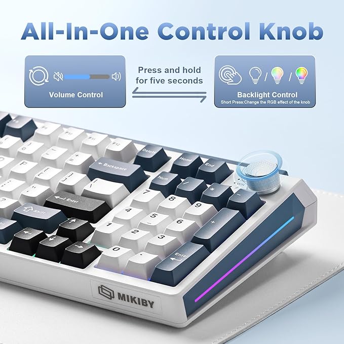 K98 Wireless Mechanical Keyboard,Tri-Mode BT5.0/2.4GHz/USB-C Hot Swappable Custom Keyboard,Gasket Structure,RGB Backlit Gaming Keyboard for Win & Mac(White&Blue,Cocoa-V2 Switch)