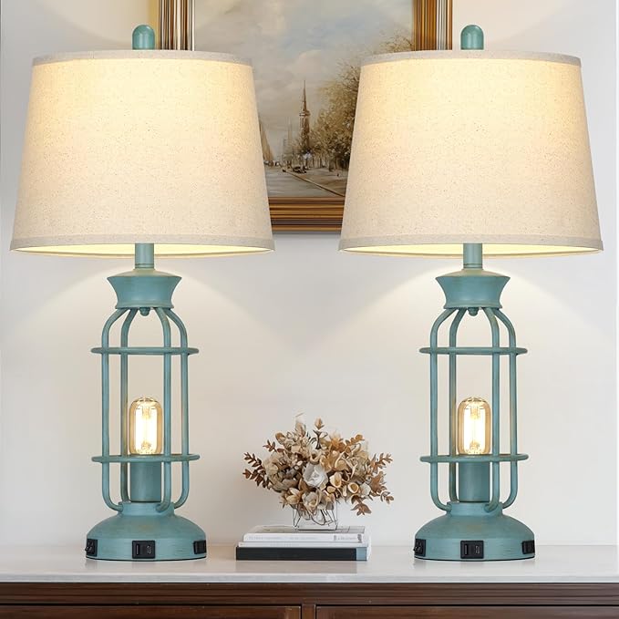28" Tall Farmhouse Table lamps for Living Room, Vintage Industrial Table Lamp with USB C+A Ports & Outlet, Rustic Bedside Lamps with 2 Nightlight & Linen Fabric Shade for Nightstand Bedrooms Desk Blue