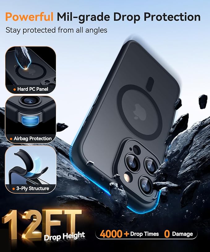 CANSHN Magnetic Compatible with iPhone 16 Pro Max Case, Upgraded [Full Camera Protection] [Compatible with Magsafe] [Translucent Matte] Shockproof Protective Phone Case Cover 6.9 Inch - Black