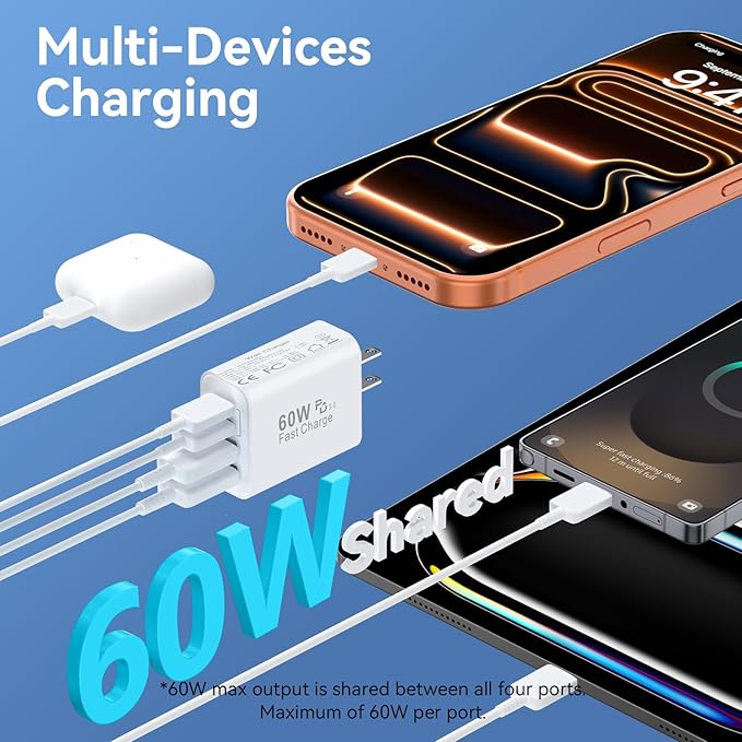 USB C Charger Block, 2Pack 60W 4 Ports Type C Fast Phone Charging Cubes PD USBC Wall Plug+QC 3.0 USB A Charger Head Power Brick Box for iPhone 16/15/14/13/12/11 Pro Max, Samsung Galaxy, Pixel