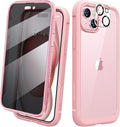 Diaclara Designed for iPhone 15 Plus Case 6.7 Inch,Upgraded Full Body Rugged Clear Bumper Case with Built-in Privacy Screen Protector for iPhone 15 Plus,Pink