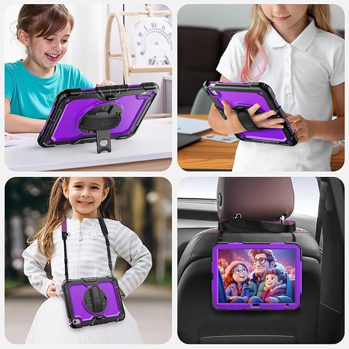 SEYMAC Case for iPad (A16) 11th/10th Generation 2025/2022 (11″/10.9″), Sturdy Heavy Duty Full-Body Shockproof Protective Case with Screen Protector, Rotating Stand, Hand/Shoulder Strap, Purple