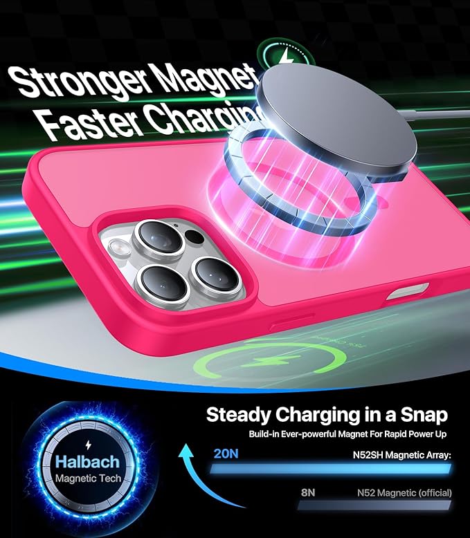 Magnetic for iPhone 16 Pro Max Case, [Compatible with MagSafe][Military-Grade Drop Protection][Anti-Yellowing] Shockproof Translucent Matte Cover for iPhone 16 Pro Max Phone Case,Hot Pink