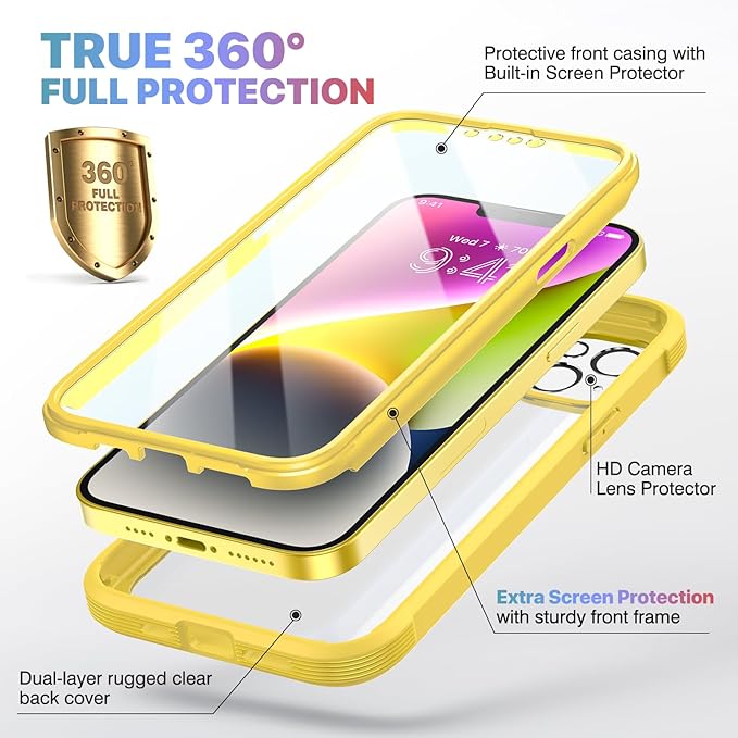 Diaclara Designed for iPhone 14 Case, Full Body Rugged Case with Built-in Touch Sensitive Anti-Scratch Screen Protector, with Camera Lens Protector for iPhone 14 6.1" (Lemon Yellow)