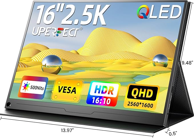 UPERFECT 2.5K QLED Portable Monitor, 16" 2560x1600 QHD Portable Gaming Monitor 120% sRGB HDR Laptop Monitor w/VESA & Smart Case Matte Eye Care External Second Screen for PC Laptop Phone Game Console