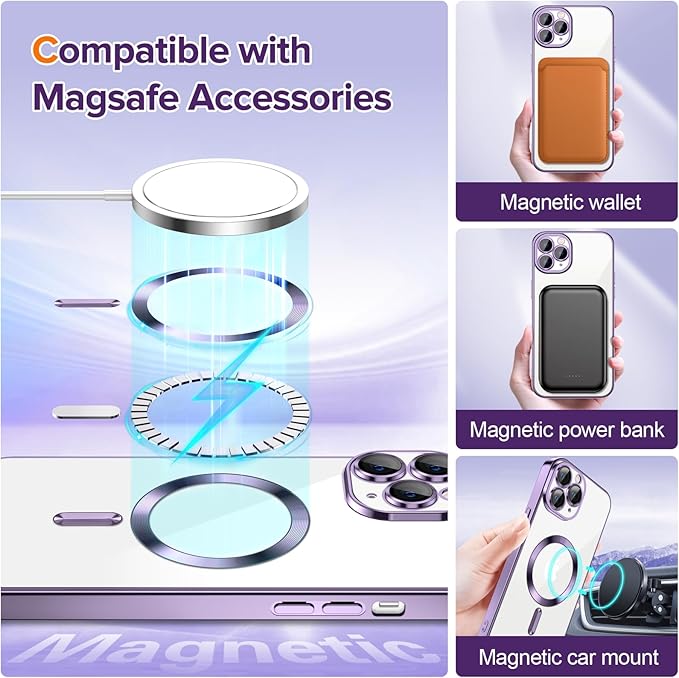 Hython Magnetic Clear for iPhone 11 Pro Max Case with Camera Lens Protector [Compatible with MagSafe] Plating Edge Slim Soft TPU Cover Protective Phone Case for iPhone 11 Pro Max 6.5", Deep Purple