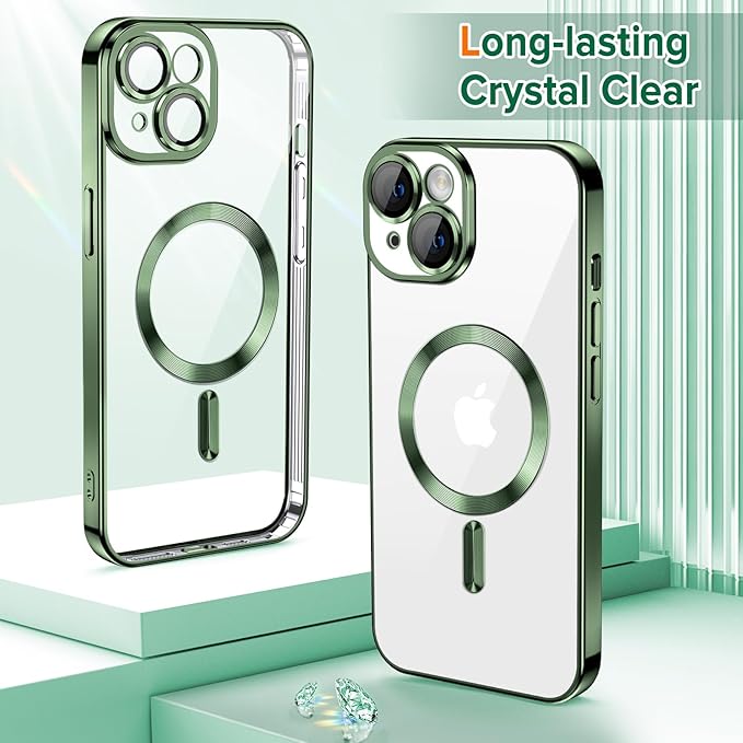 Hython Magnetic Clear for iPhone 13 Case with Camera Lens Protector [Compatible with MagSafe] Luxury Plating Edge Slim Soft TPU Cover Protective Phone Case for iPhone 13 6.1", Deep Green