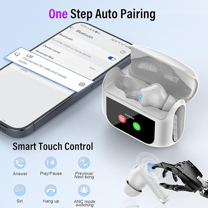 Wireless Earbuds, Bluetooth 5.4 Headphones with Multifunctional Touch Screen, 48H Bass Stereo Ear Buds with ANC/ENC Noise Cancelling/Transparency Mode, IPX7 Earphones with 5 EQ Modes, Milky White