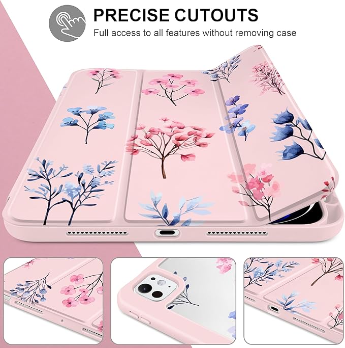 Case for iPad Pro 11 inch (M5) 2025 (M4) 2024 Release Slim Lightweight Cute Light Pink Cover with Clear Back TPU Edge Pencil Holder Trifold Stand, Hand-Drawn Florals