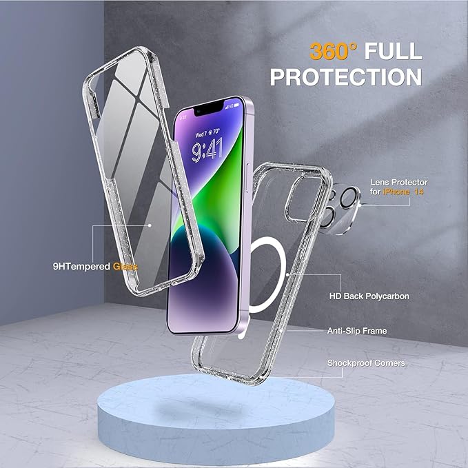 Miracase Glass Series Designed for iPhone 14 Plus Case 6.7 inch, 2023 Upgrade Full-Body Magnetic Clear Case with Built-in 9H Tempered Glass Screen Protector,Compatible with MagSafe,Clear Glitter