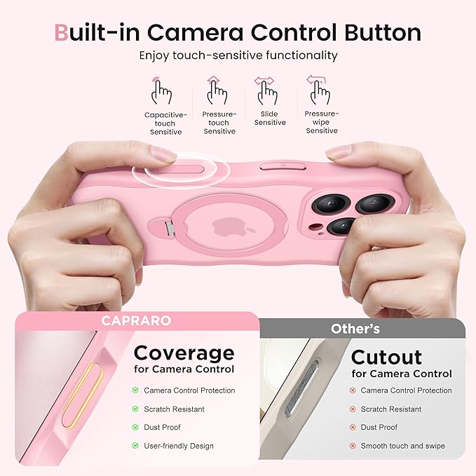 CAPRARO for iPhone 16 Pro Max Case with 360° Spin Magnetic Stand for Women, [Compatible with MagSafe] [Full Camera Protection] Cute Wave Translucent Matte Case for iPhone 16 Pro Max, Peach Pink